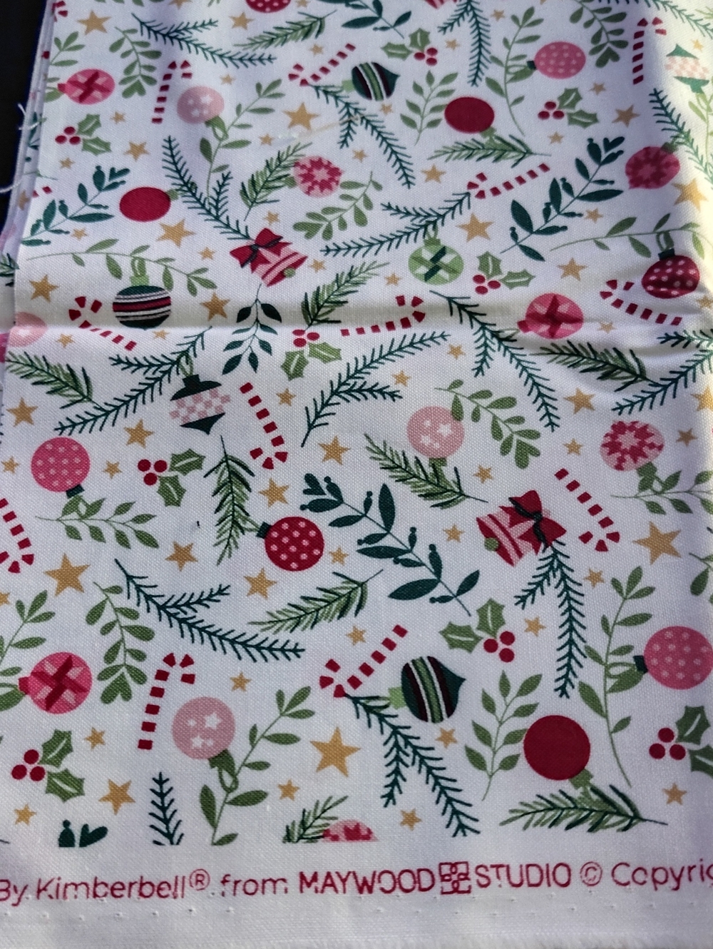 Holiday Ornaments Cotton Fabric - White with Red & Green Print 44 Wide 1/2 Yard